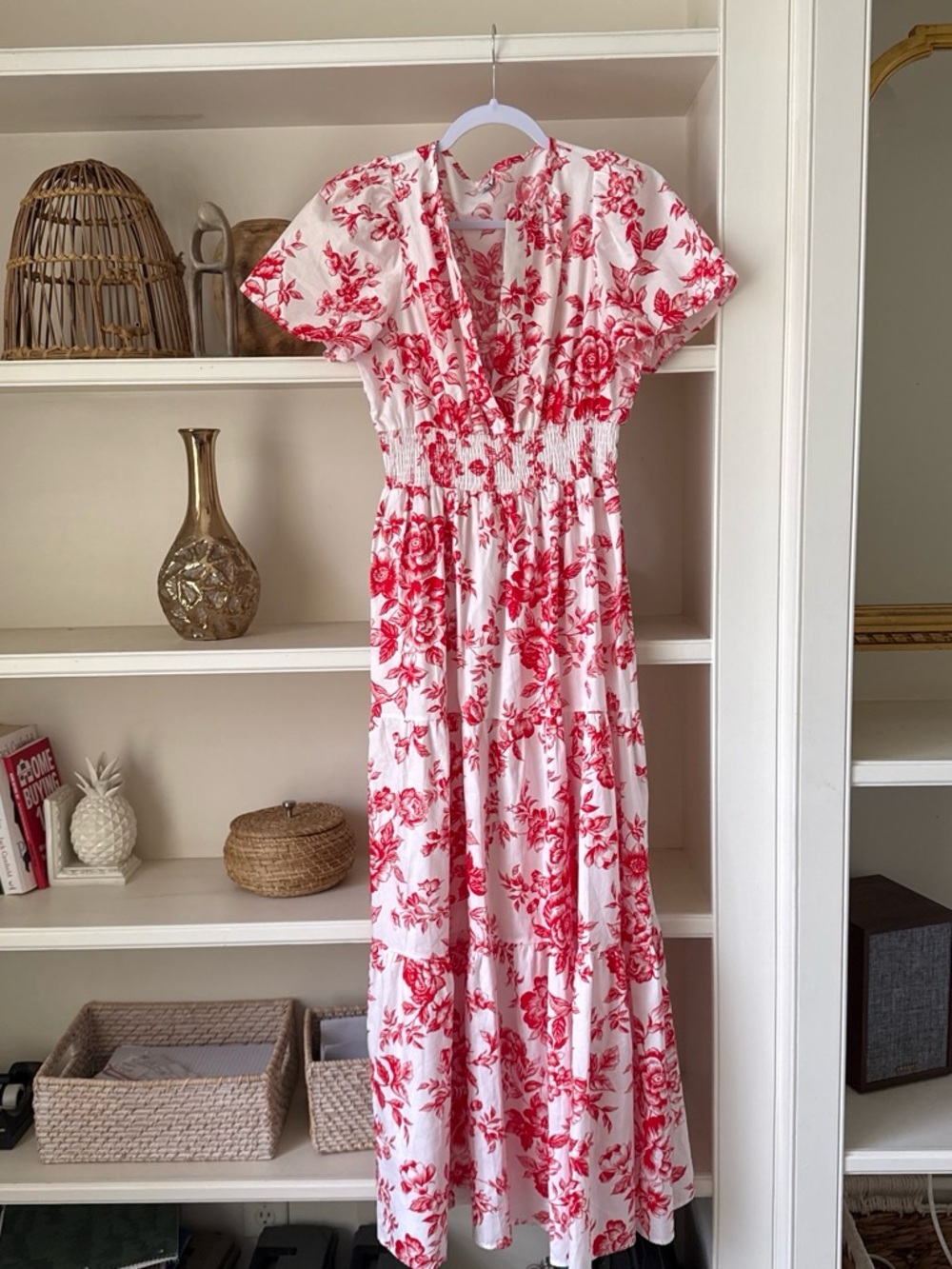 Floral Red & White Maxi Dress - Smocked Waist, V-Neck